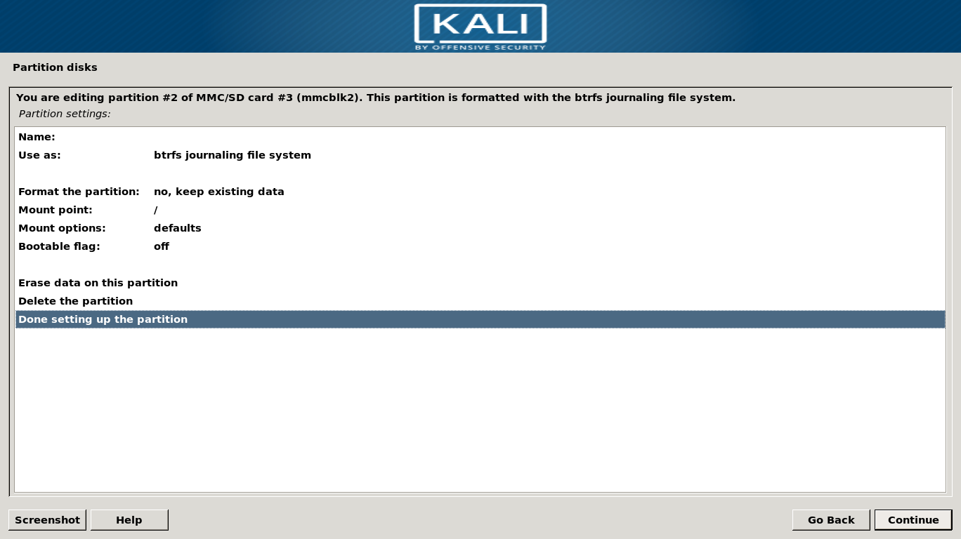 Kali install Set Partition